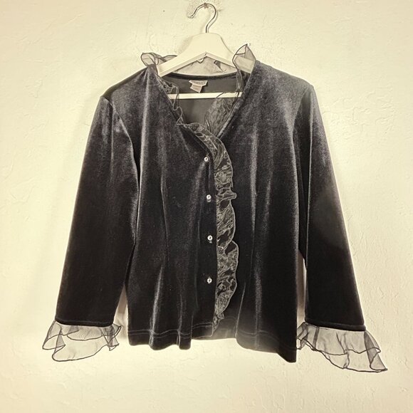 Alfani Intimates Womens Black Velvet Ruffle Trim Cardigan Sweater Small Stretch - Picture 1 of 7